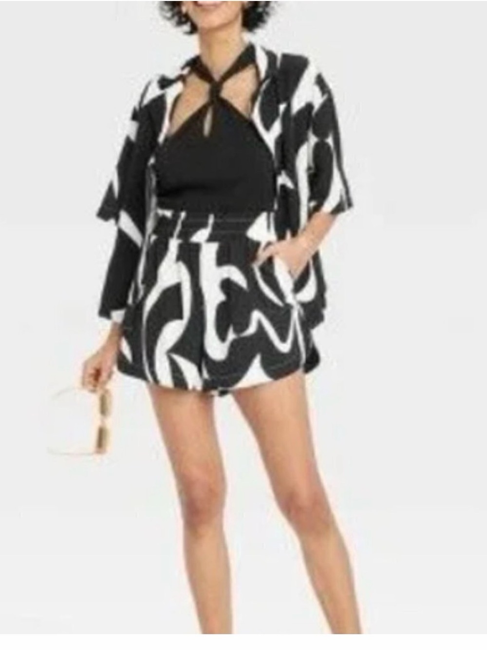 A New Day Black and White Abstract Elastic Waist Shorts